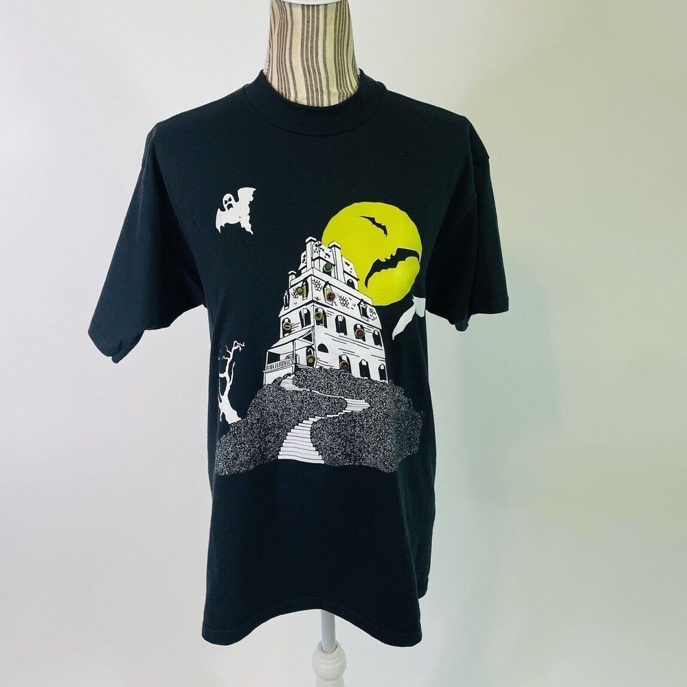 Vintage Halloween Haunted House Black Short Sleeve T-Shirt Large Unisex 90s y2k